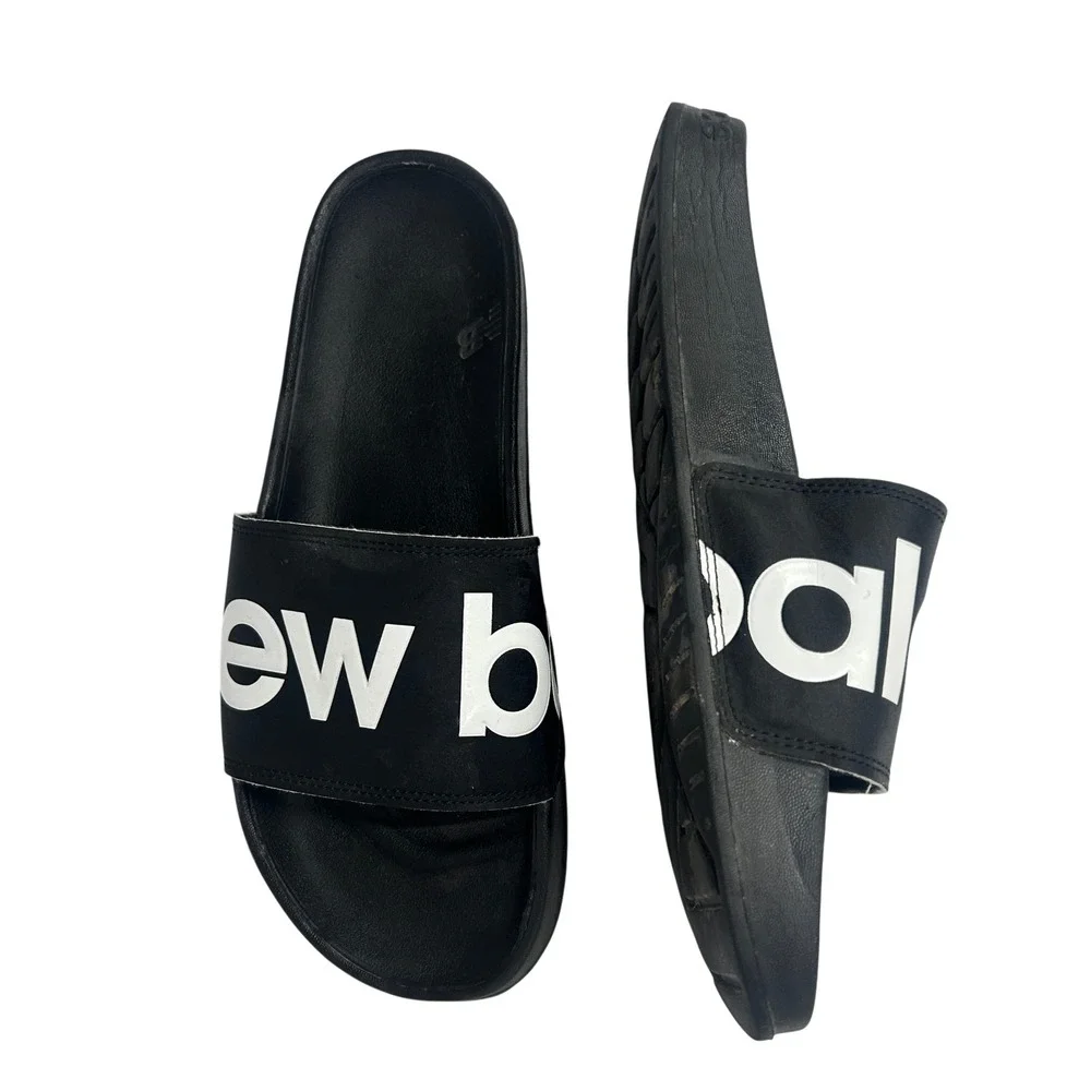 New‎ Balance Logo Slides Sandals Black Comfort Pool Gym Shower Mens Approx 12